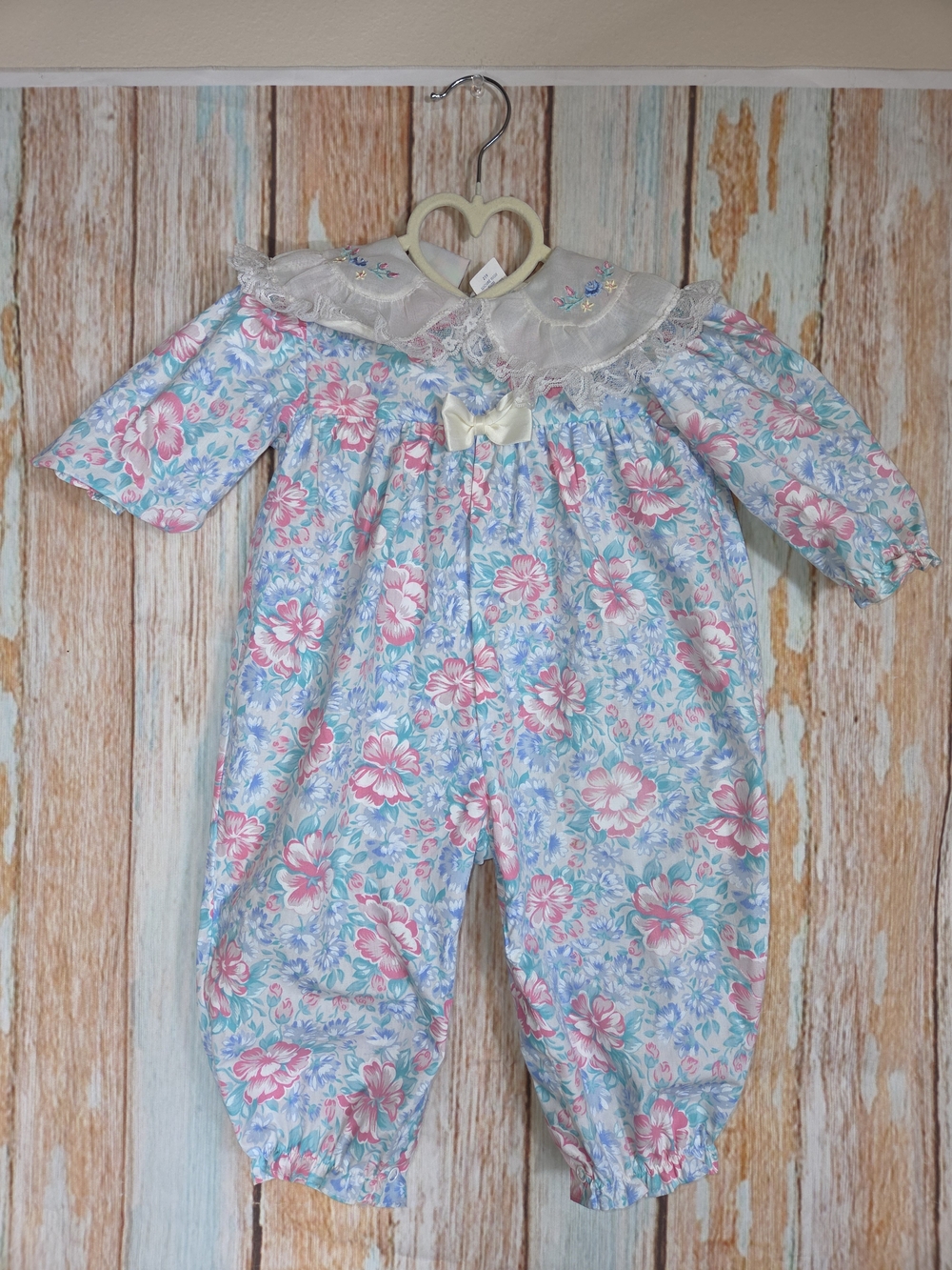 Y2K Lightning Bug Baby Girls Floral Blue & Pink One-Piece Romper w/ Lace Collar